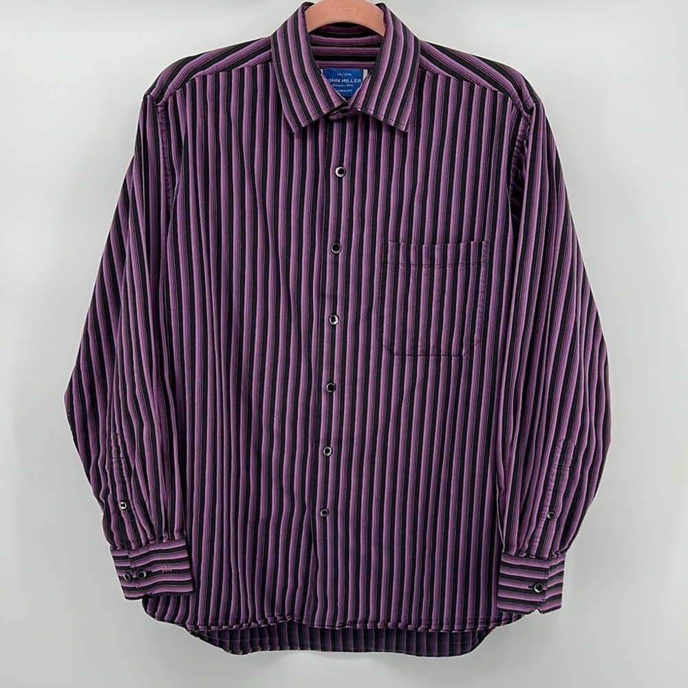 VTG John Miller Purple‎ Striped Casual Button Down Shirt Sz14.5-15